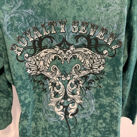 Seven 7 Green V Neck 3/4 Sleeve Tee Shirt with Design XL Pre-owned - Picture 5 of 12